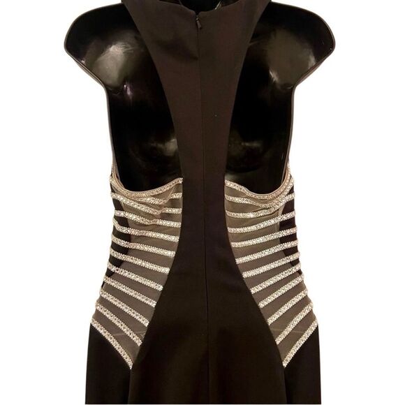La Femme Sleeveless Mesh Cut Out Bling Formal Full Length Black Evening Dress 8 - Picture 10 of 16